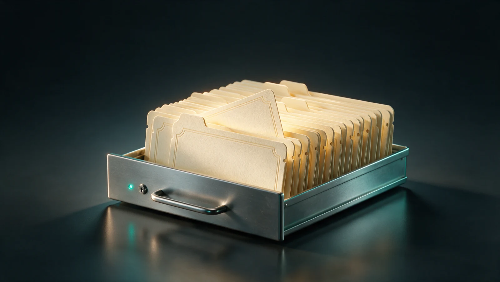 An open brushed-steel vendor-record filing drawer with one card raised and a small teal indicator lock, representing governance of the vendor master that stops internal AP fraud.