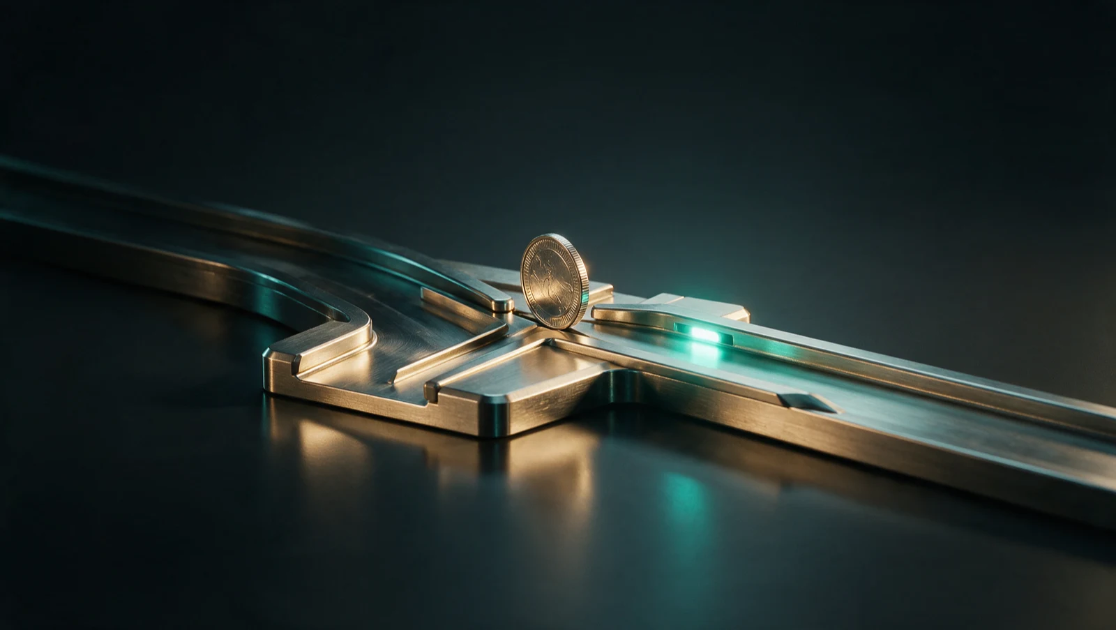 A brushed-steel routing junction with a single payment token at a fork, one channel lit teal and the other diverging into shadow, representing an agent payment routed to the right party or the wrong one.
