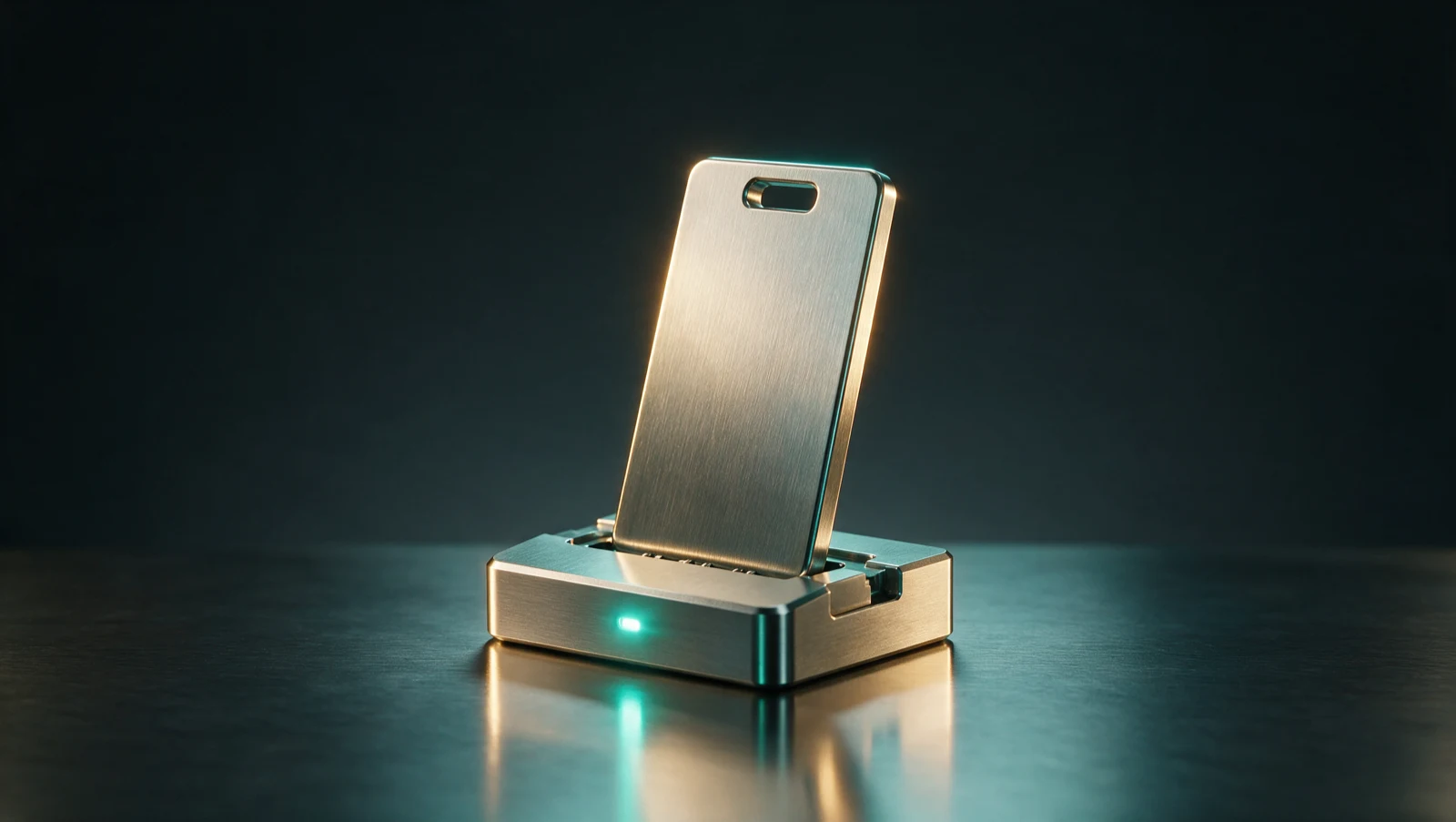 A brushed-steel payment credential token held upright in a precision verification cradle with a teal confirmation light, representing an authorized AI agent being verified before it pays.