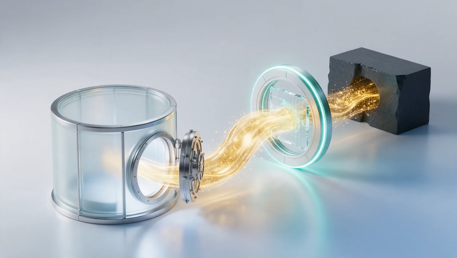 A bright editorial render of a fraudulent gold payment stream emerging from a breached vault and being halted at a teal verification gateway, representing a business account takeover stopped at the payment.