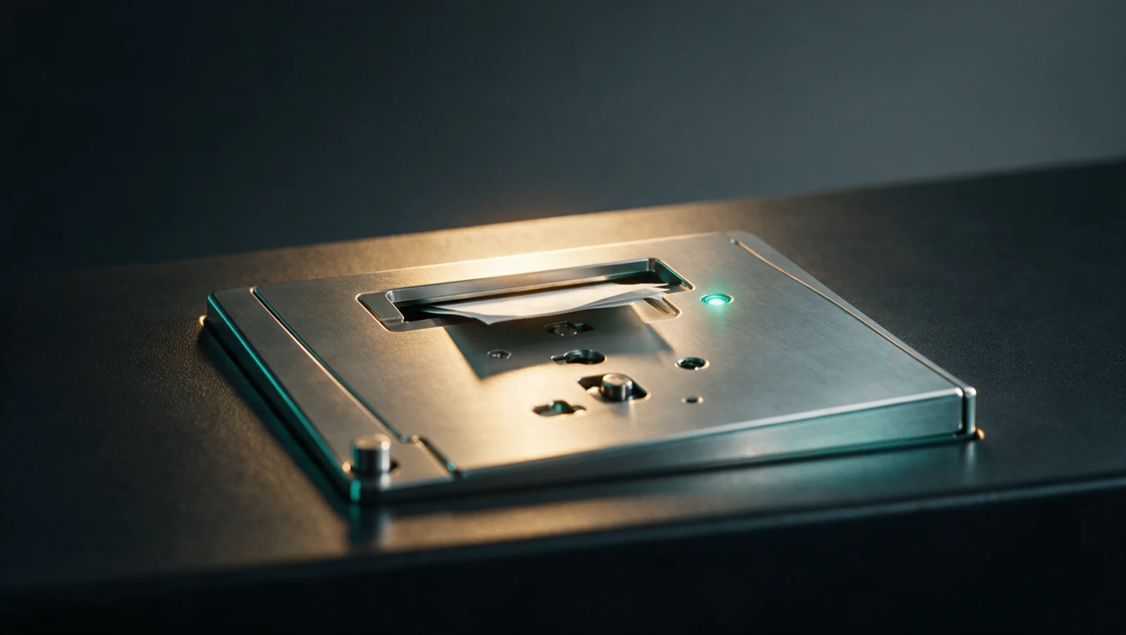 A brushed-steel secure deposit slot on a dark console accepting a paper payment, a teal verification light beside it, representing a business check being secured and verified.
