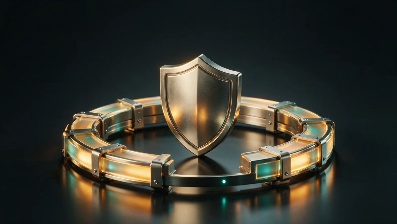 A brushed-steel shield with a segmented protective ring around it and one clear gap where segments are missing, representing sub-limited insurance coverage for wire and BEC fraud.