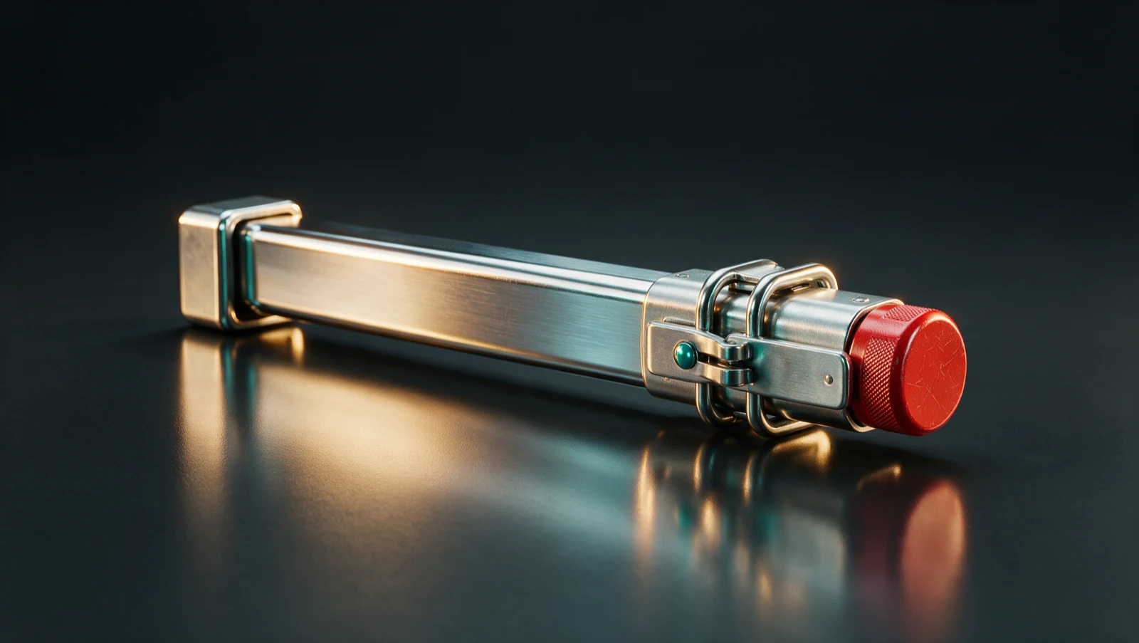 A sealed brushed-steel cargo-container locking bar, representing verifying who is being paid before a freight settlement is released.