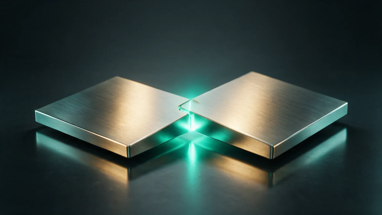 Two precision brushed-steel plates aligning and interlocking with a bright teal confirmation light at the join, representing a payee name being matched and verified against an account before payment.