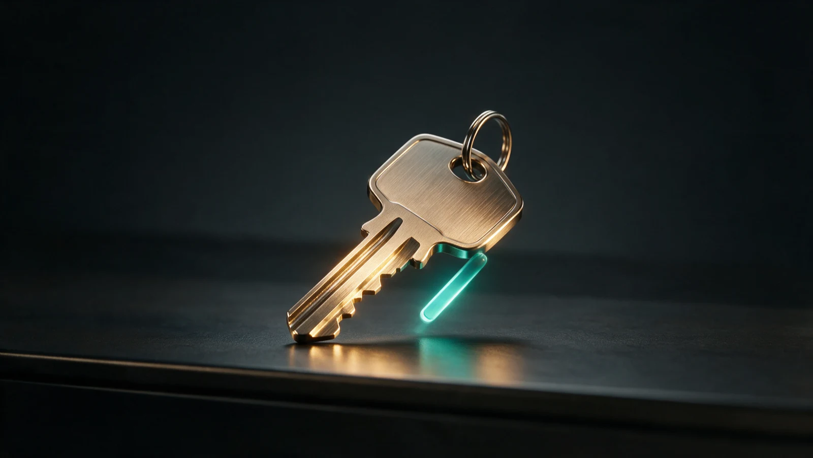 A single brushed-steel house key on a dark console beside a teal verification light, representing a real-estate closing payment being verified before the wire moves.
